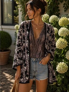 Peruvian Connection Striped Boho Cardigan in Black & Taupe